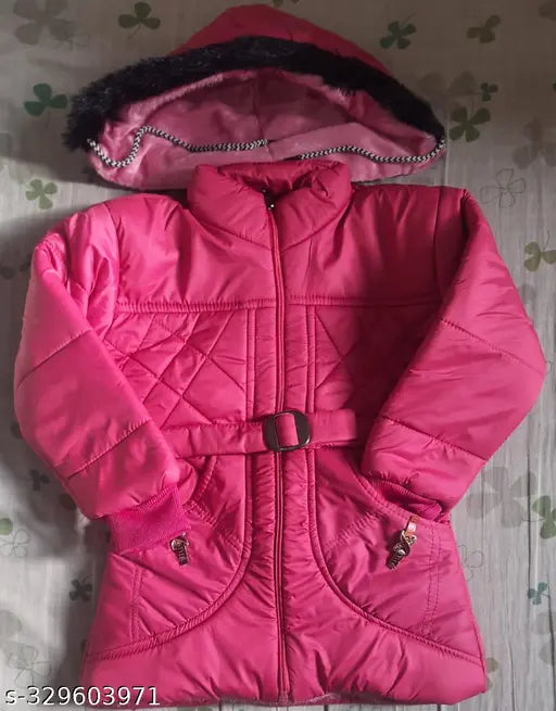 Pink padded baby jacket with a hood