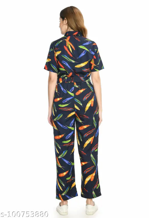 Multicolor crepe jumpsuit by AREEBA FASHION, printed net pattern, short sleeves. Indian-origin women's fashion wear with awesome look