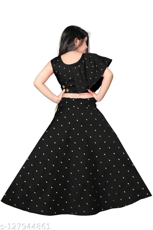 Kids cotton silk jacquard embellished lehenga set with round neck choli, perfect for ethnic wear and parties. Mirror work detailing on self-designed lehenga and crop top, size 3-16 years