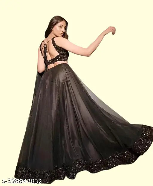 New Sequence Work Black Lehenga Choli in soft velvet & net fabric, embellished top, solid dupatta and duppatta - Indian designer party wear