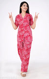 Women's printed rayon night suit top and pajama set, short-sleeved, colorful pattern on display