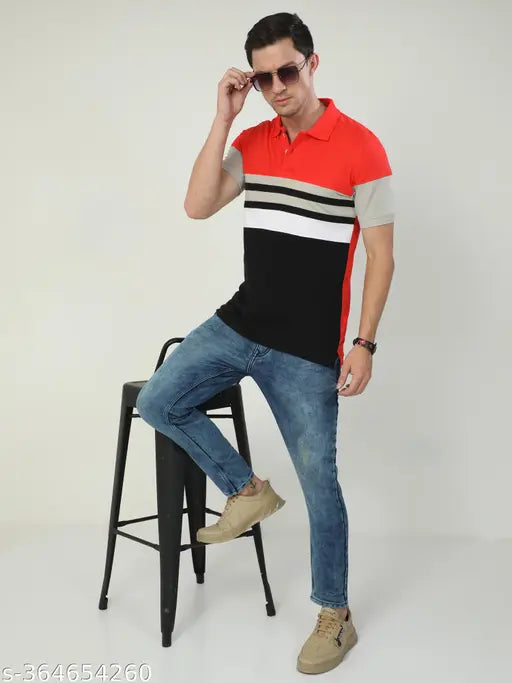 Cotton striped polo shirt for men, short sleeves, India-made color block design