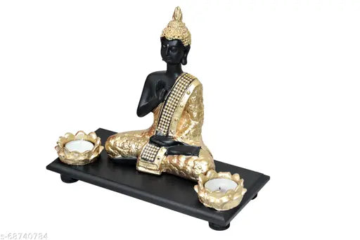 Brown polyresin wooden Buddha idol with tray (20x11x20 cm), peaceful meditation decor for home or office