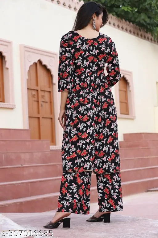 Black Rayon Floral Print Kurta Pant & Dupatta Set (Umbrella Cut) - Indian rayon fabric with floral print for women's fashionable occasion wear