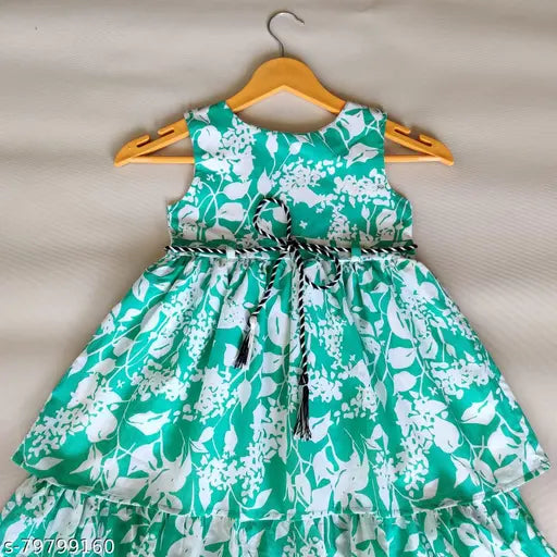 FF Baby Girl Floral Printed Sleeveless Round Neck Cotton Layered Party Knee  Length Frock Dress with Dori Midi Frock Ruffle Dress Kid