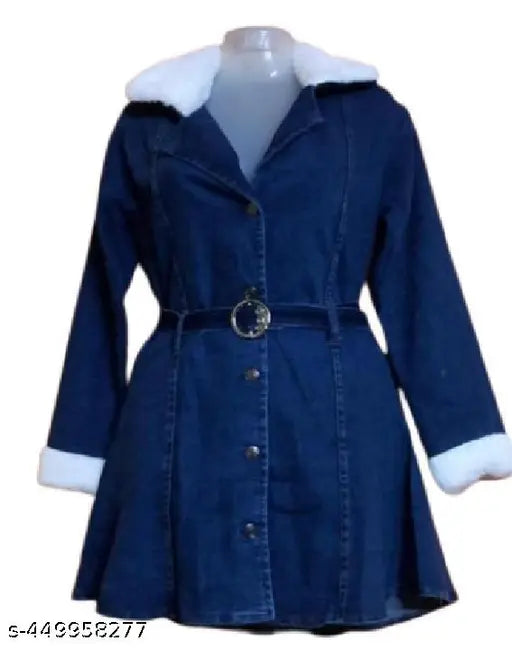Winter Fur denim Jacket & Coat for girls, solid pattern, long sleeves, 10-11 years size, made in India
