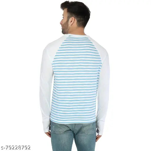Blue & White Cotton Long Sleeve Raglan FS T-Shirt by Saava for men