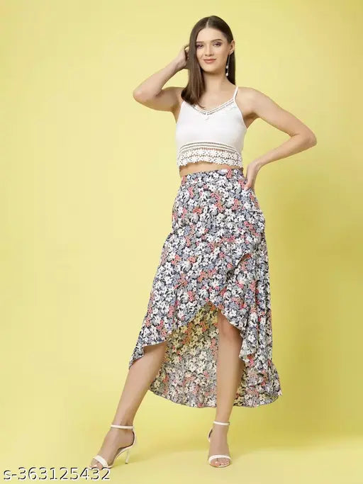 Multicolored abstract layered women's skirt, midi length, elastic waist