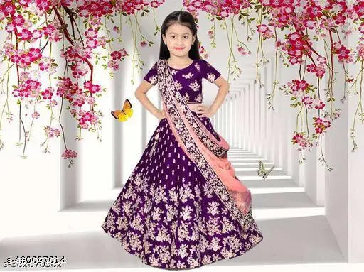 Embroidered silk Lehenga choli for baby girls in various sizes (0-15 years), Indian semi-stitched net and dupatta with short sleeves