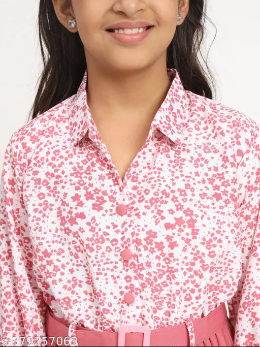 Printed net Kurta set for girls, premium quality three-quarter sleeve polyester dress with collar, pleated skirt, elastic waist, and PU belt on display. Size: 5-6 Years (Bust Size 26 in, Length Size 32 in)