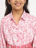 Printed net Kurta set for girls, premium quality three-quarter sleeve polyester dress with collar, pleated skirt, elastic waist, and PU belt on display. Size: 5-6 Years (Bust Size 26 in, Length Size 32 in)