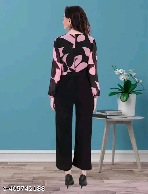 Georgette retro jumpsuit for women and girls, printed, long-sleeved, pleated and puff sleeve design, casual or party wear, made in India