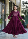 Embroidered rayon wine flared gown with three-quarter sleeves, trending light wine shade, India origin