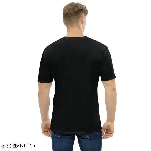 Polyester sports t-shirt for men, printed with vibrant design. Close-up view of short-sleeved shirt on hanger. Available sizes S-XL, made in India