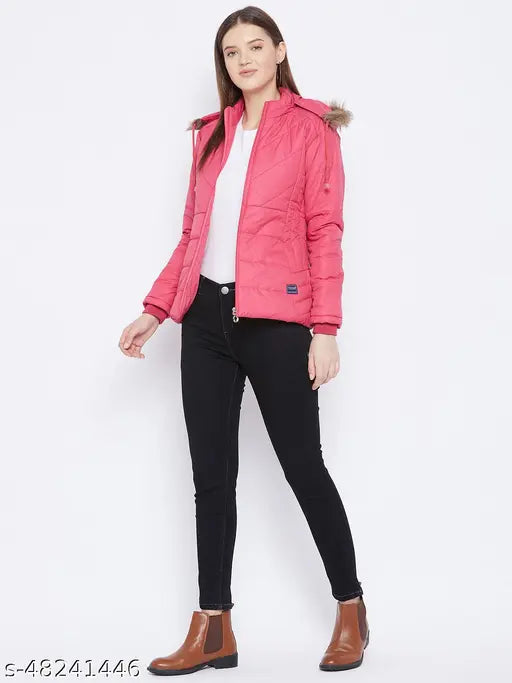 Pink polyester full-sleeve parka jacket by Vero Amore, quilted with polyfill and detachable faux fur hood, 3 pockets