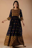 Black rayon printed Anarkali kurta gown for women, flared design with three-quarter sleeves