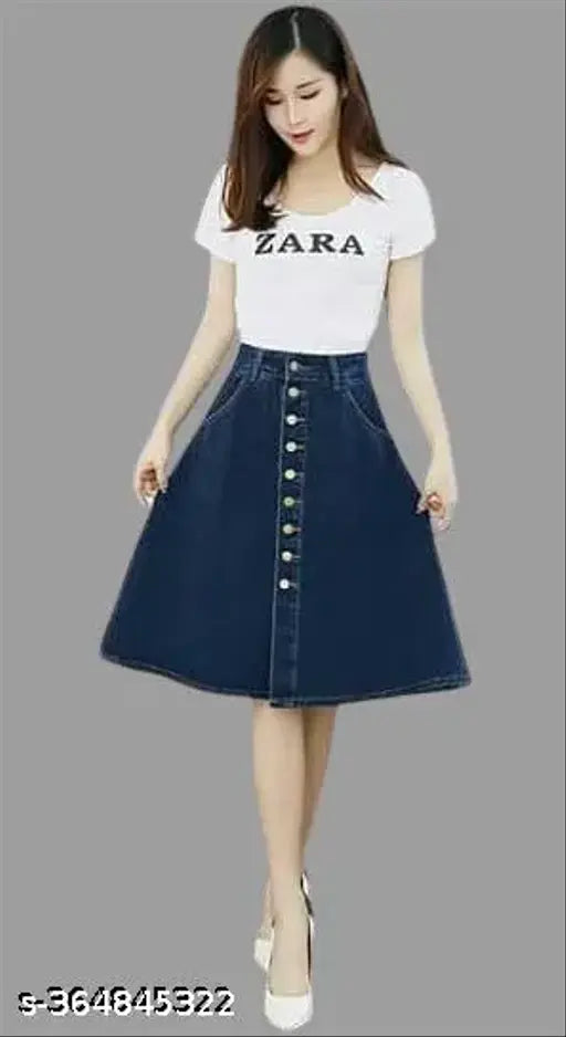 Navy Blue Denim A-Line Midi Skirt, lightweight & breathable, perfect for all body types and seasons