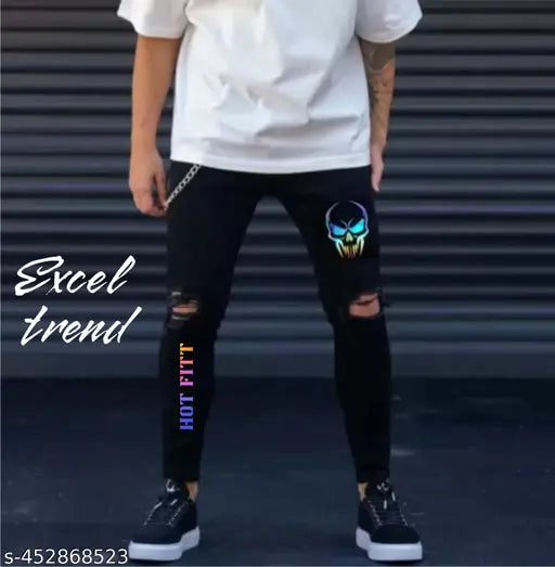 Black denim men's skinny fit designer jeans with ripped knees