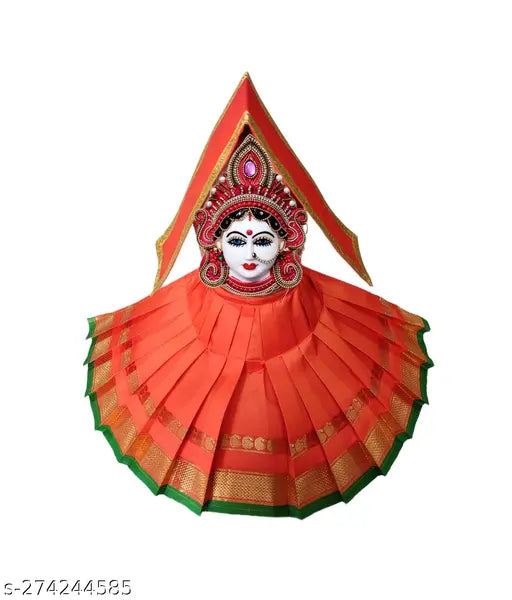 Hand decorated red plastic Maa Lakshmi face god idol, brings prosperity for home or gift. Approx. dimensions: 15 x 13 x 4 cm, weight: 100 grams. Ideal for worship during Marghshish month or Navaratri Pooja. Origin: India