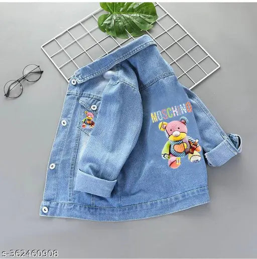 A denim jacket with a teddy bear patch, featuring a collar and long sleeves
