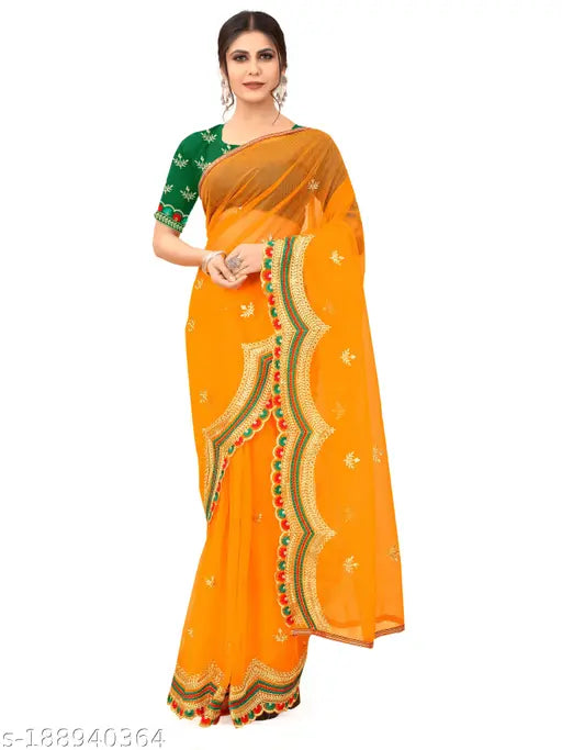 Yellow ikat net embroidered saree with separate blouse piece, cotton silk fabric. Unstitched, ideal for alteration. Indian fashion choice for all occasions