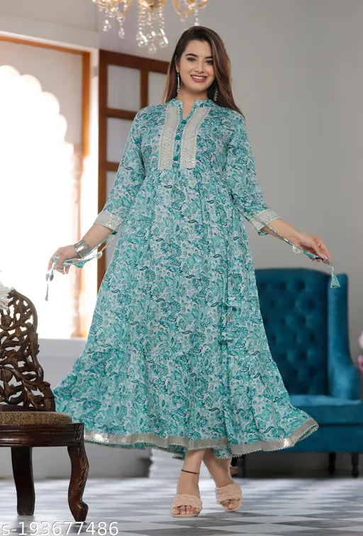 Aqua Blue Rayon Printed Kurti Gown, ideal for parties & festivals. High-quality women's fashion from India