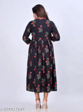 Black womens long-sleeve anarkali kurta with floral print, cotton rayon material. Fashionable and elegant kameez for women