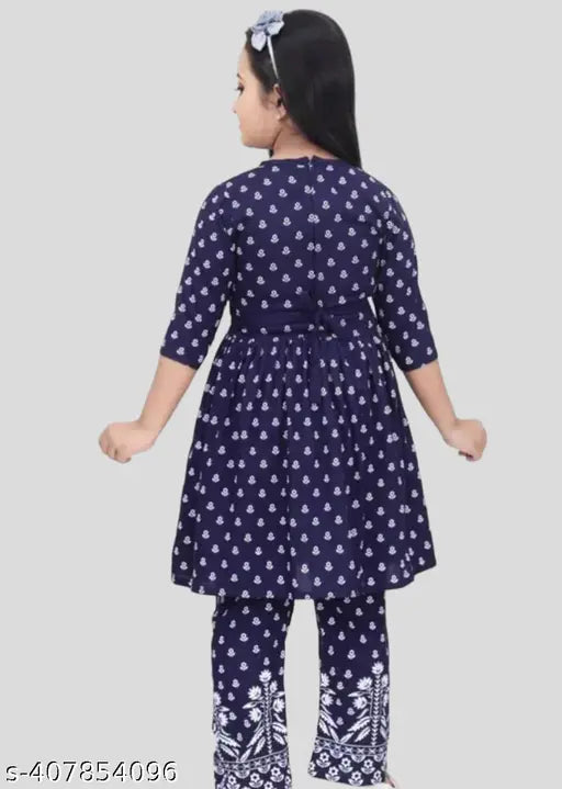 Blue Cotton Blend Palazzo Set for Kids Girls Party/Festive Three Quarter Sleeve Round Neck Top & Bottom