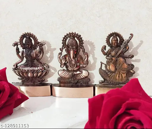 Antique copper Laxmi-Ganesh-Saraswati Indian art statues set, 12cm high, for car dashboard or spiritual home decor