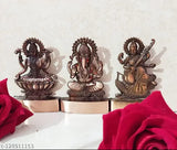 Antique copper Laxmi-Ganesh-Saraswati Indian art statues set, 12cm high, for car dashboard or spiritual home decor
