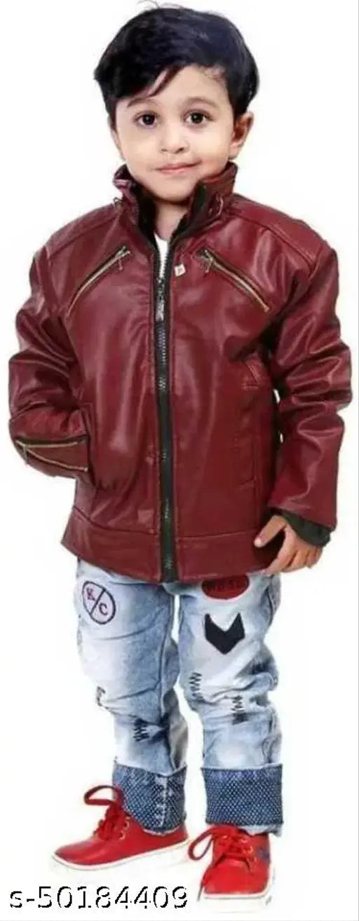 Red leather boys jacket with black stripe details