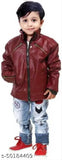 Red leather boys jacket with black stripe details