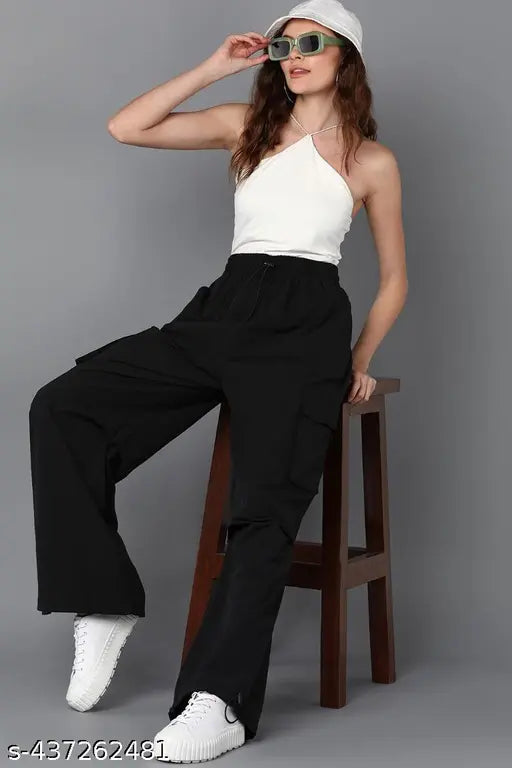 Women's loose fit cotton blend full-length jogger pants with 4 pockets, drawstring adjustable bottom