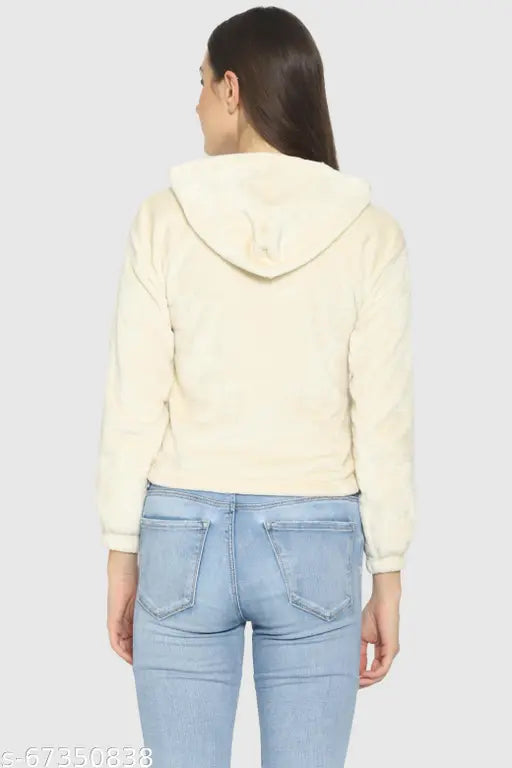 White wool three-quarter sleeve hooded neck women's sweatshirt by Pretty Loving Thing, solid pattern, XS (32in bust, 26in length)