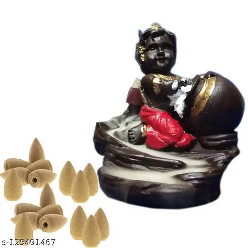 Red poly resin Natkhat Krishna Smoke Fountain, leasing waterfall smoke effect for home decor, temple, or pooja room
