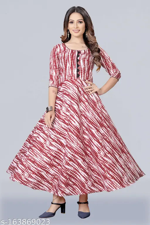 Red and white slub leheniya print long kurta, cotton