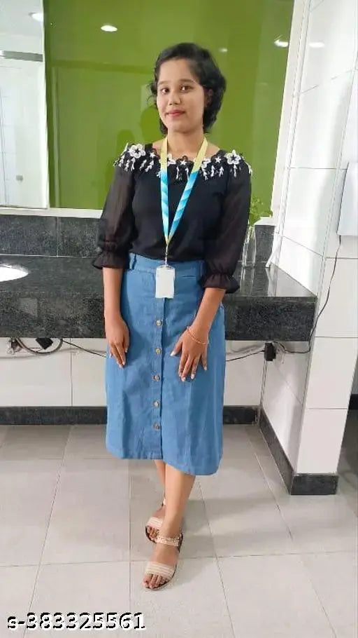 Light blue linen skirt with dark top