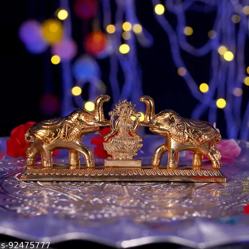 Metal golden double elephant Laxmi Maa Roli Chawal holder, traditional Indian religious idol (16cm, gold-plated)