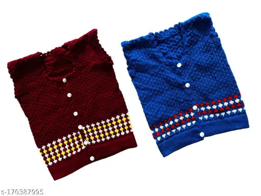 Woolen self-design kiddie baby vests (pack of 2), sleeveless and warm for 0-2 years, made in India