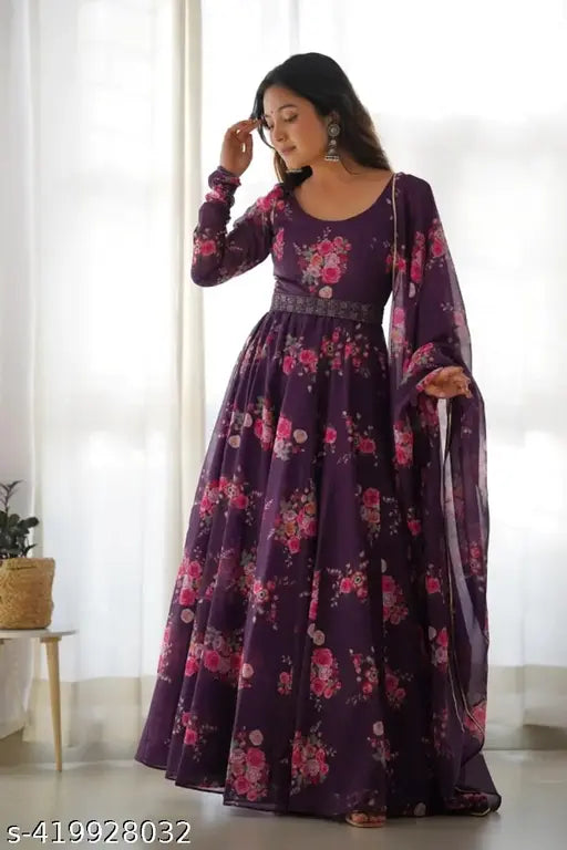 Printed net poly georgette sleeveless gown with dupatta set for women, Indian bridal wear on mannequin