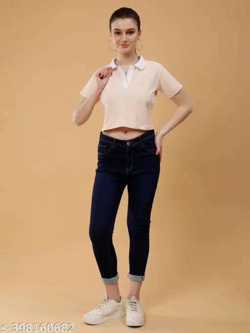 Solid polycotton half sleeve women's crop polo t-shirt in various sizes XS-XL, perfect for casual outfits and fashionable events