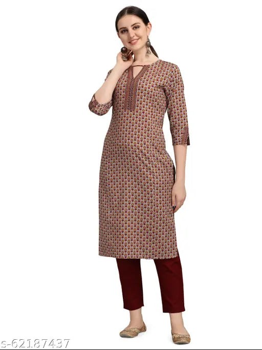 Multicolor embroidered cotton straight kurti, three-quarter sleeves. Lightweight, comfortable fashion for casual events and outings. Made in India
