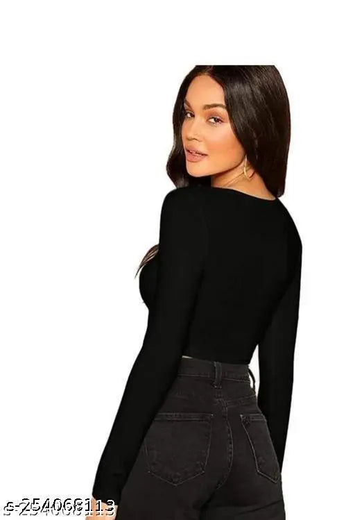 Solid black cotton blend long sleeve crop top, perfect for any occasion, Indian-made fashionable attire