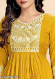 Mustard rayon Nera cut Kurta with beautiful embroidery work, three-quarter sleeves, size S to XXL. Indian handcrafted women's traditional outfit on mannequin