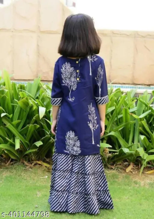 Blue rayon kurti set with stripes and three-quarter sleeves for kids aged 3-6 years. Indian traditional clothing for kids on display