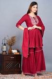 Red rayon printed anarkali kurti with sharara and dupatta