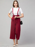 Maroon dungaree with white t-shirt, polyester women's casual wear, maroon solid pattern, short sleeves, India origin