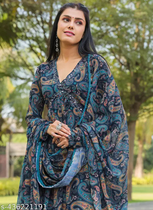Navy blue georgette gown with dupatta, printed, long sleeves, V-neck, and flare design. Perfect for women's party wear. Made in India