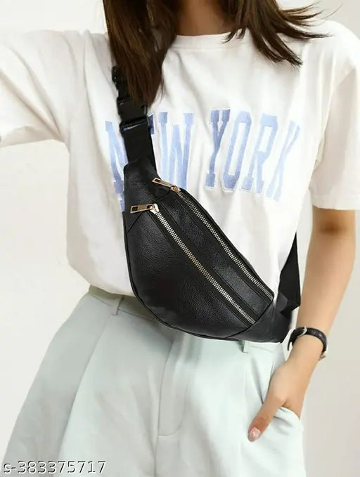 Black leather waist/shoulder bag, unisex travel pouch with adjustable strap - perfect for outdoor activities