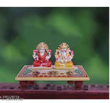 Multicolor marble Ganesh & Lakshmi idol on chowki, intricately handcrafted by Rajasthani artisans